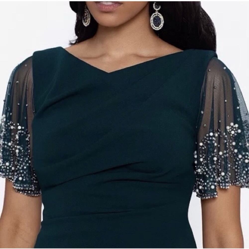 Betsy & Adam Plus "Emily" Short Scuba Crepe Beaded Flutter Sleeve Dress 18W Pine - Picture 3 of 14